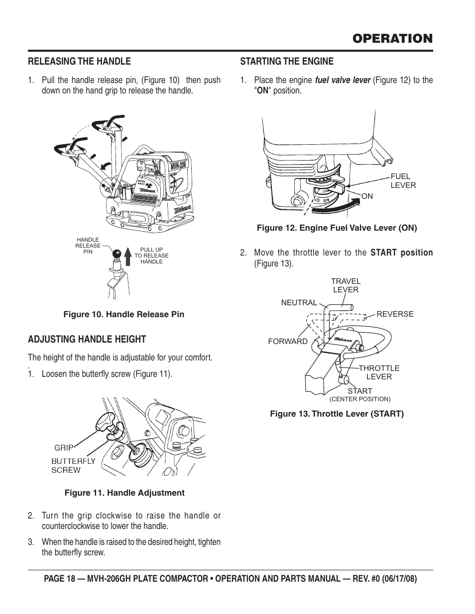 Operation, Releasing the handle, Adjusting handle height | Starting the engine | Multiquip MVH206GH User Manual | Page 18 / 80