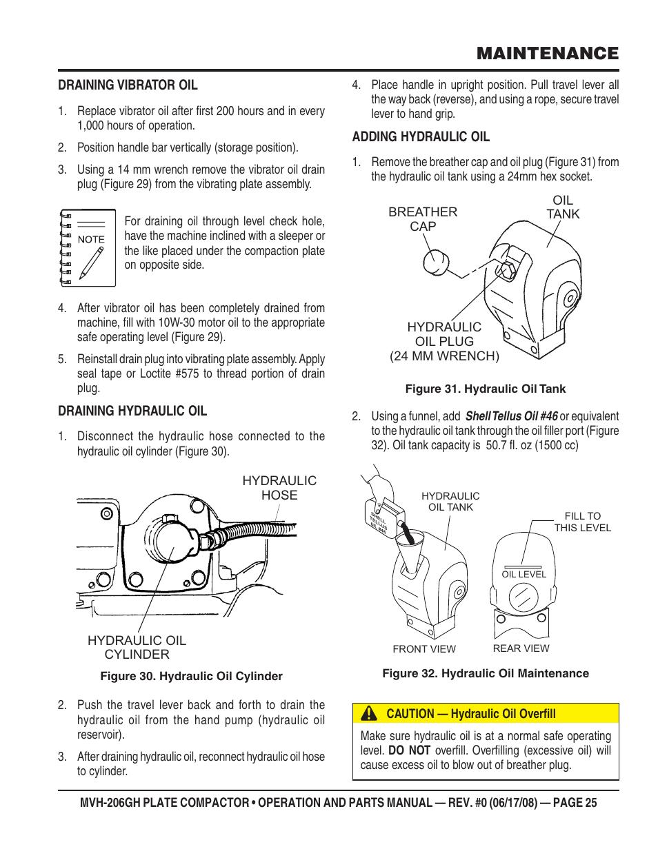 Maintenance, Draining vibrator oil, Draining hydraulic oil | Adding hydraulic oil | Multiquip MVH206GH User Manual | Page 25 / 80