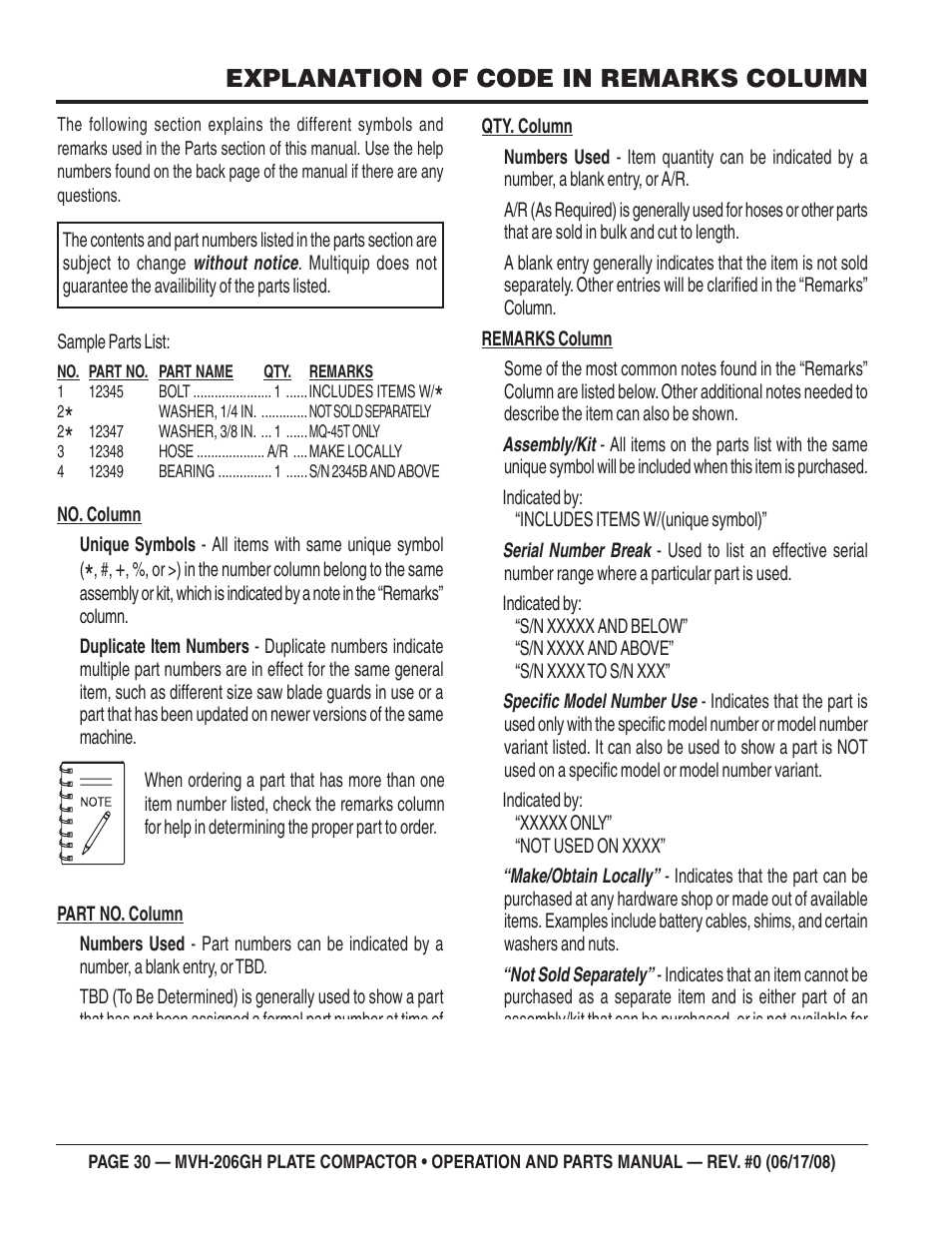 Explanation of code in remarks column | Multiquip MVH206GH User Manual | Page 30 / 80