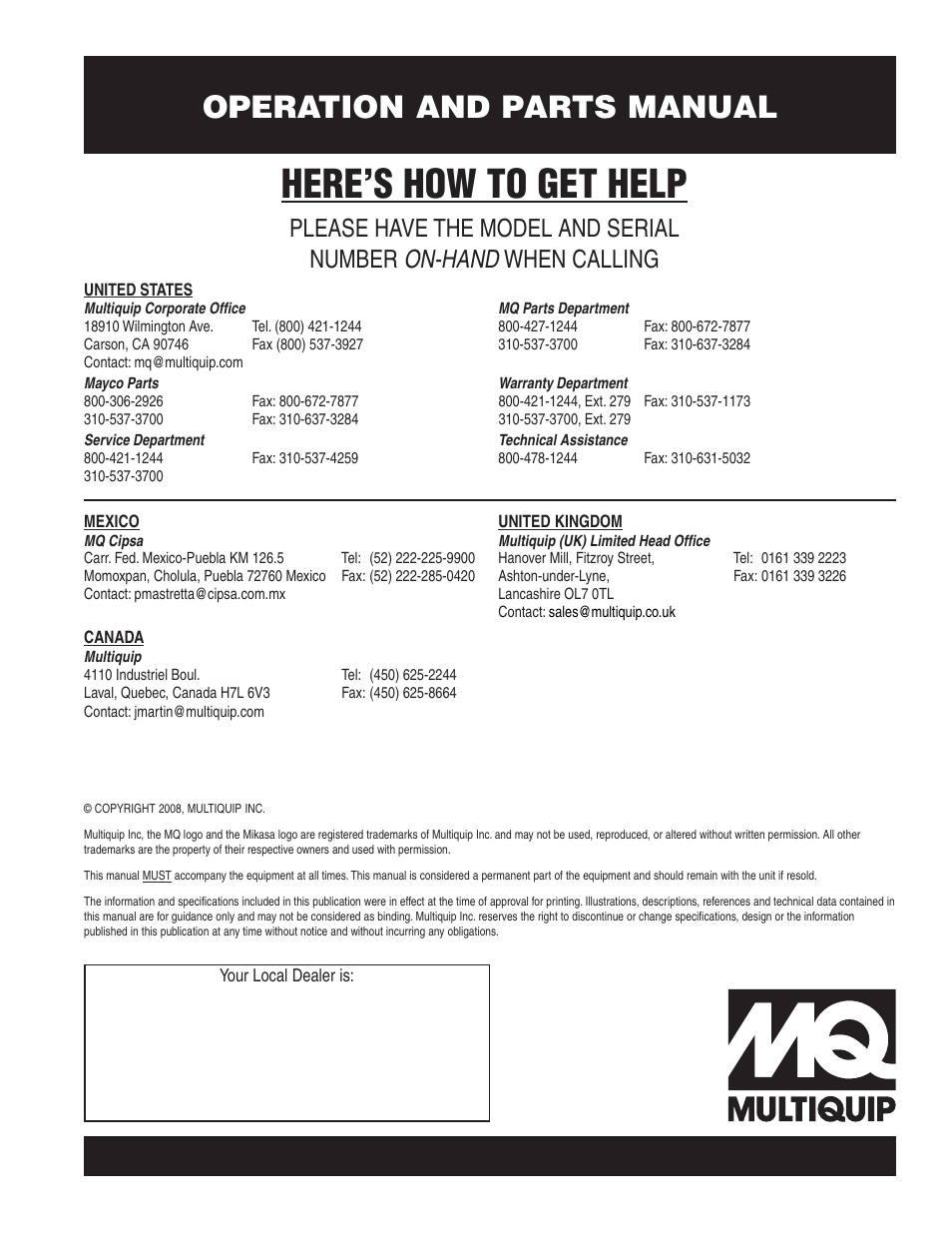 Here’s how to get help, Operation and parts manual, On-hand | Please have the model and serial number, When calling | Multiquip MVH206GH User Manual | Page 80 / 80