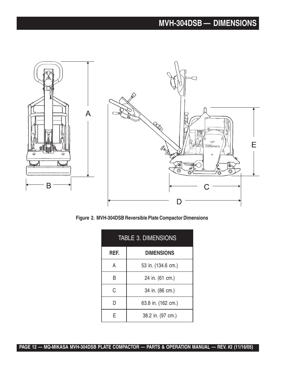 Mvh-304dsb — dimensions | Multiquip MVH304DSB User Manual | Page 12 / 70