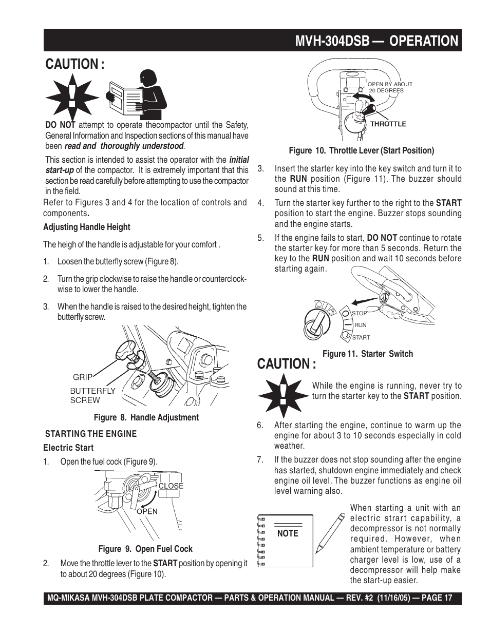 Mvh-304dsb — operation, Caution | Multiquip MVH304DSB User Manual | Page 17 / 70