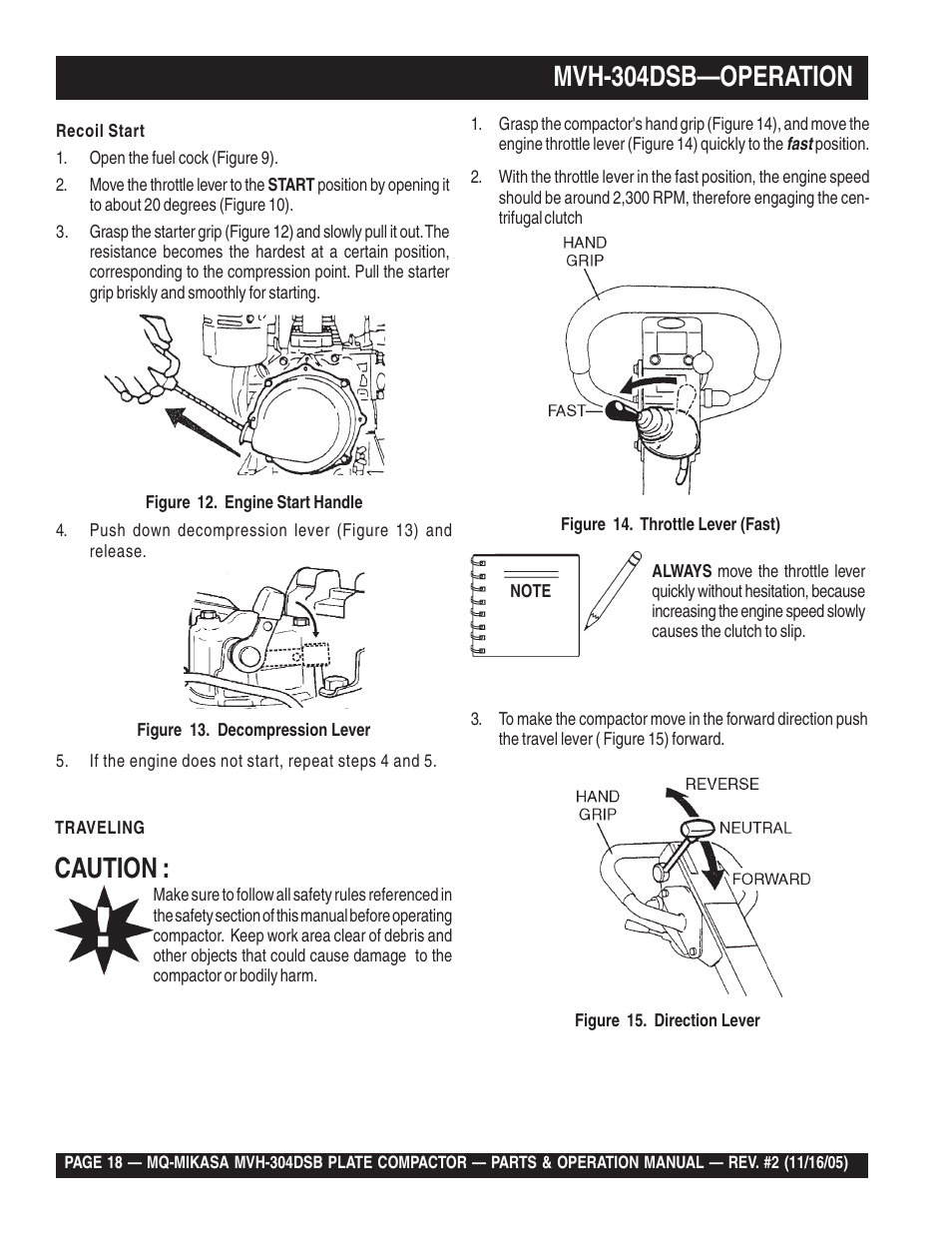 Mvh-304dsb—operation, Caution | Multiquip MVH304DSB User Manual | Page 18 / 70