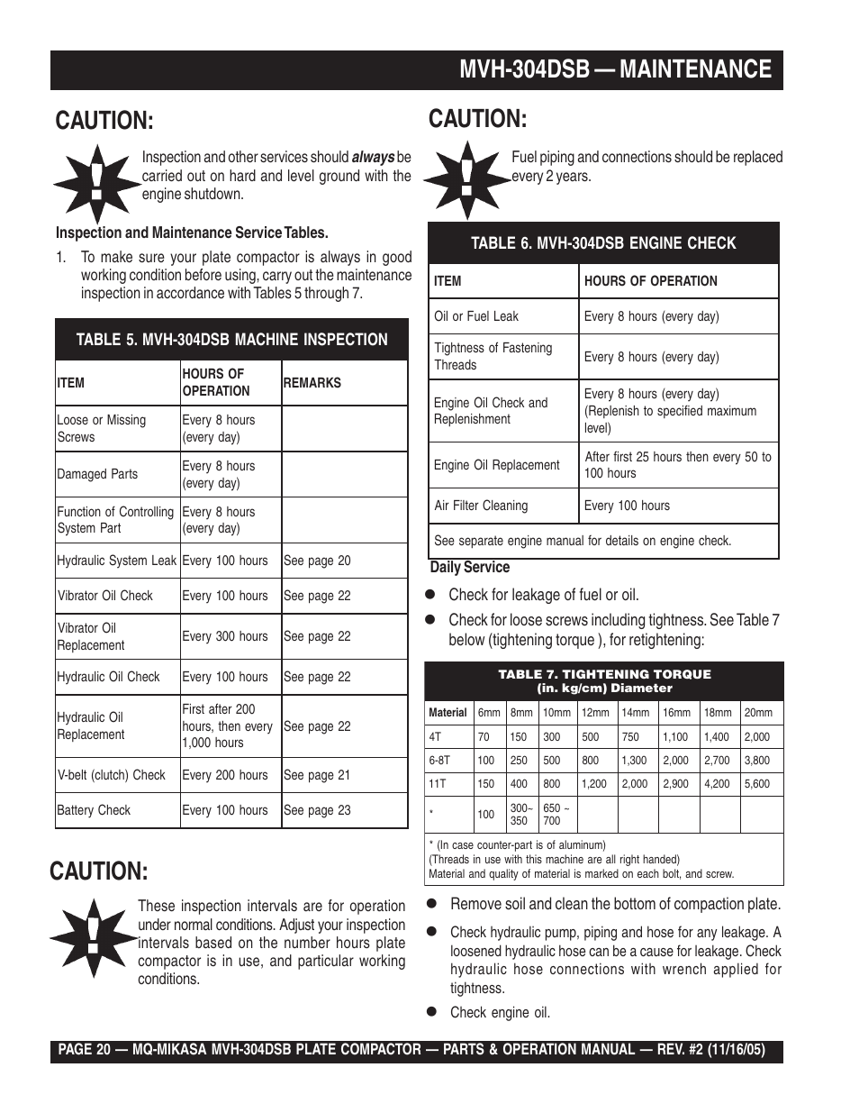 Mvh-304dsb — maintenance, Caution | Multiquip MVH304DSB User Manual | Page 20 / 70
