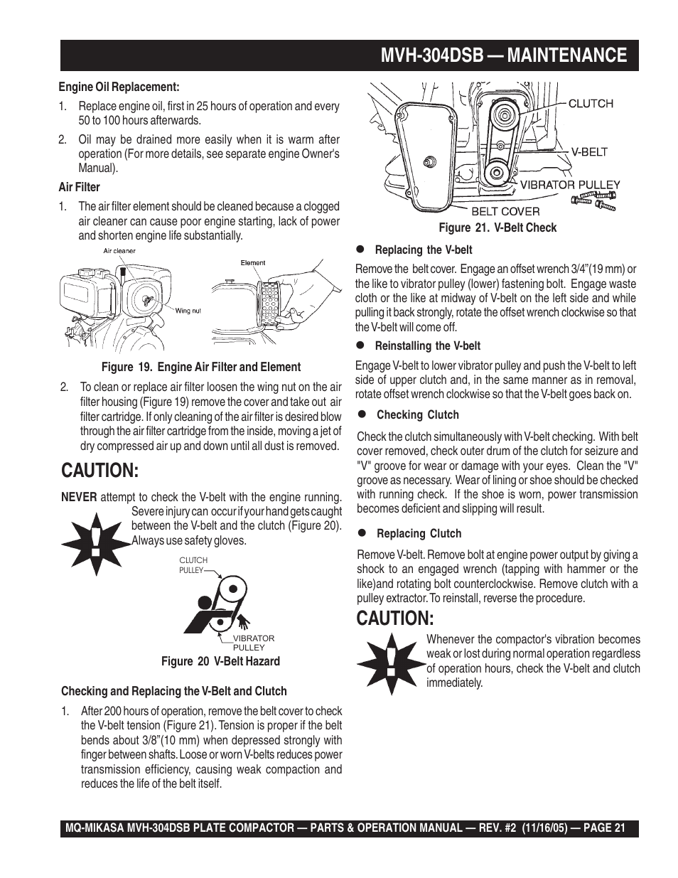 Mvh-304dsb — maintenance, Caution | Multiquip MVH304DSB User Manual | Page 21 / 70