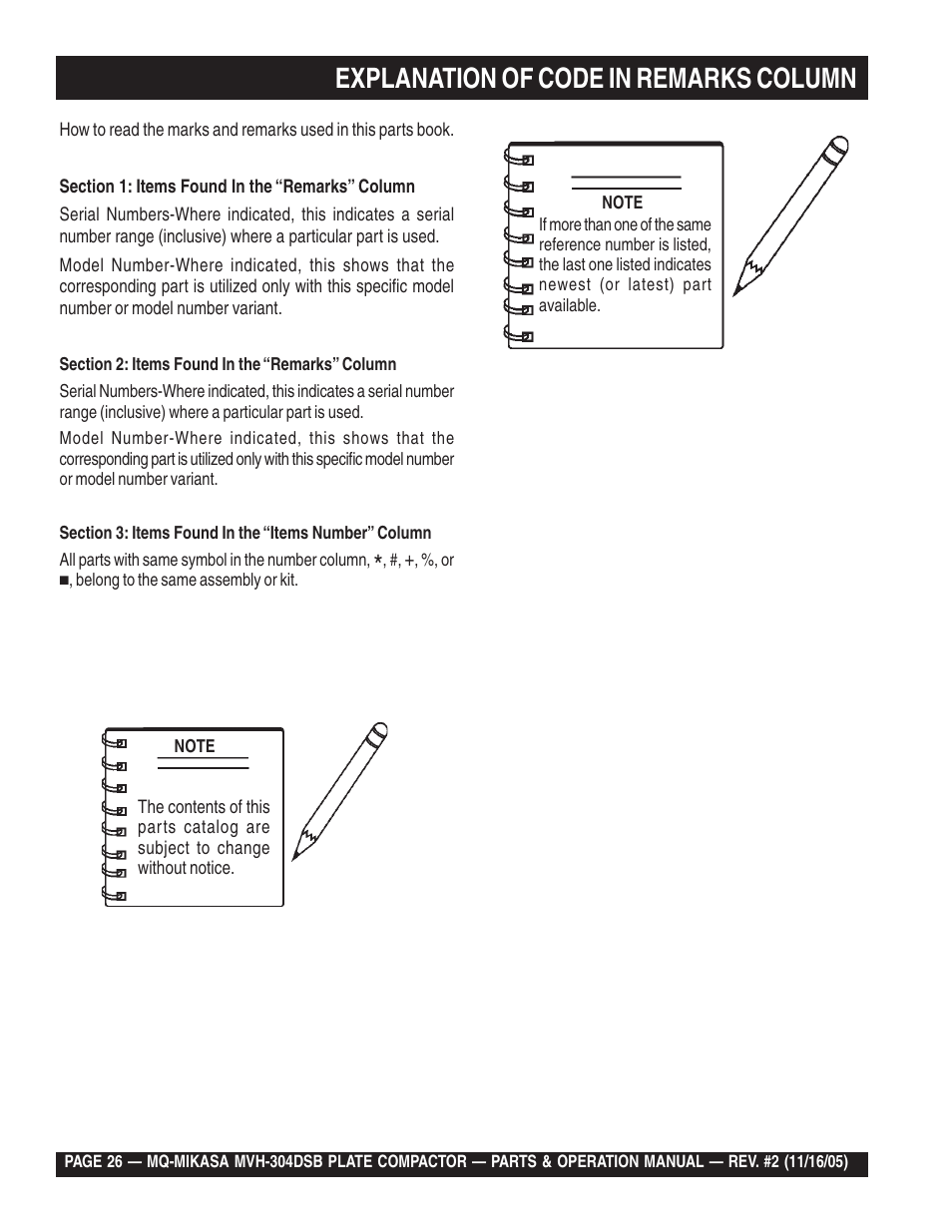 Explanation of code in remarks column | Multiquip MVH304DSB User Manual | Page 26 / 70