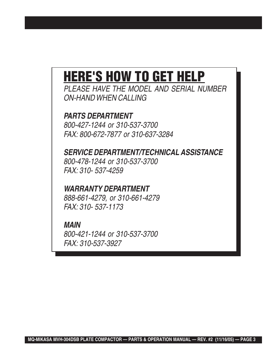 Here's how to get help | Multiquip MVH304DSB User Manual | Page 3 / 70