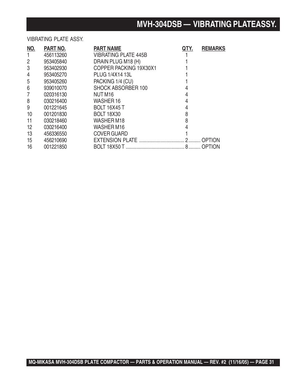 Mvh-304dsb — vibrating plateassy | Multiquip MVH304DSB User Manual | Page 31 / 70