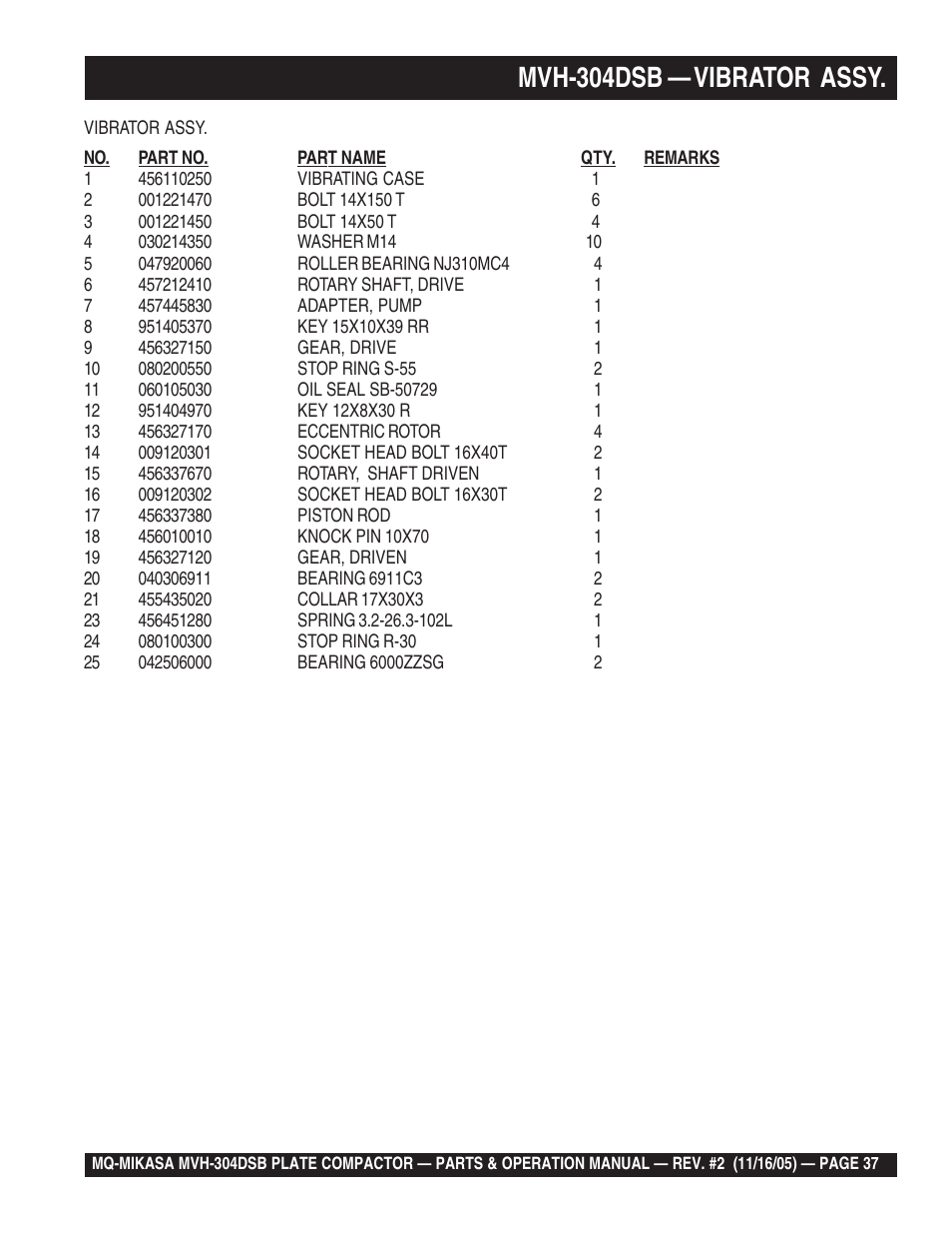 Mvh-304dsb — vibrator assy | Multiquip MVH304DSB User Manual | Page 37 / 70