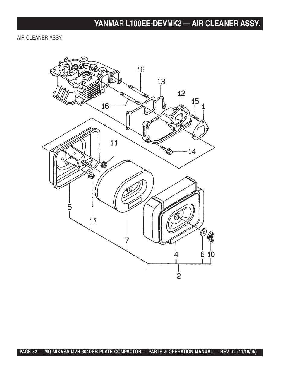 Yanmar l100ee-devmk3 — air cleaner assy | Multiquip MVH304DSB User Manual | Page 52 / 70