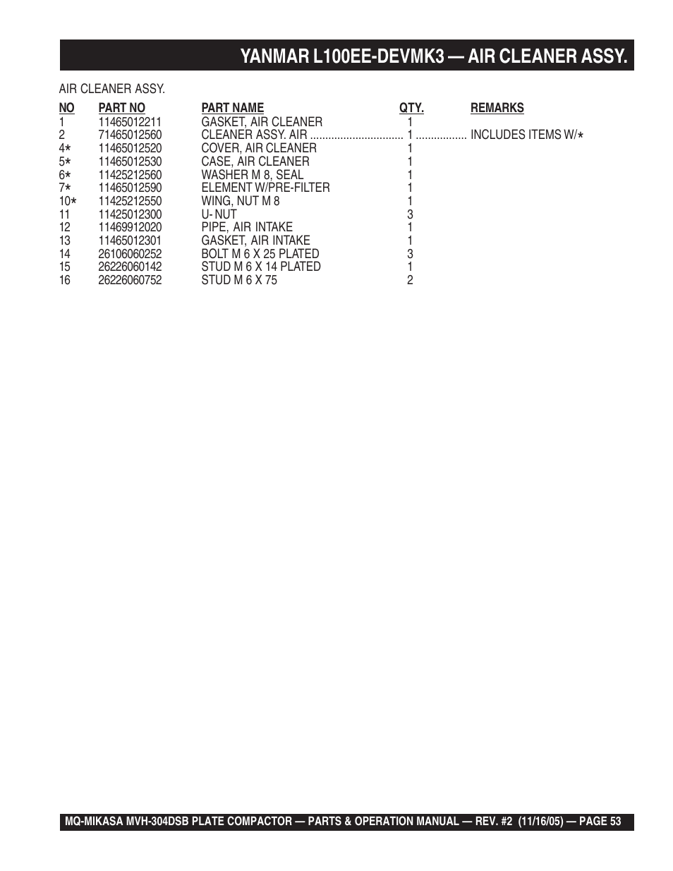 Yanmar l100ee-devmk3 — air cleaner assy | Multiquip MVH304DSB User Manual | Page 53 / 70