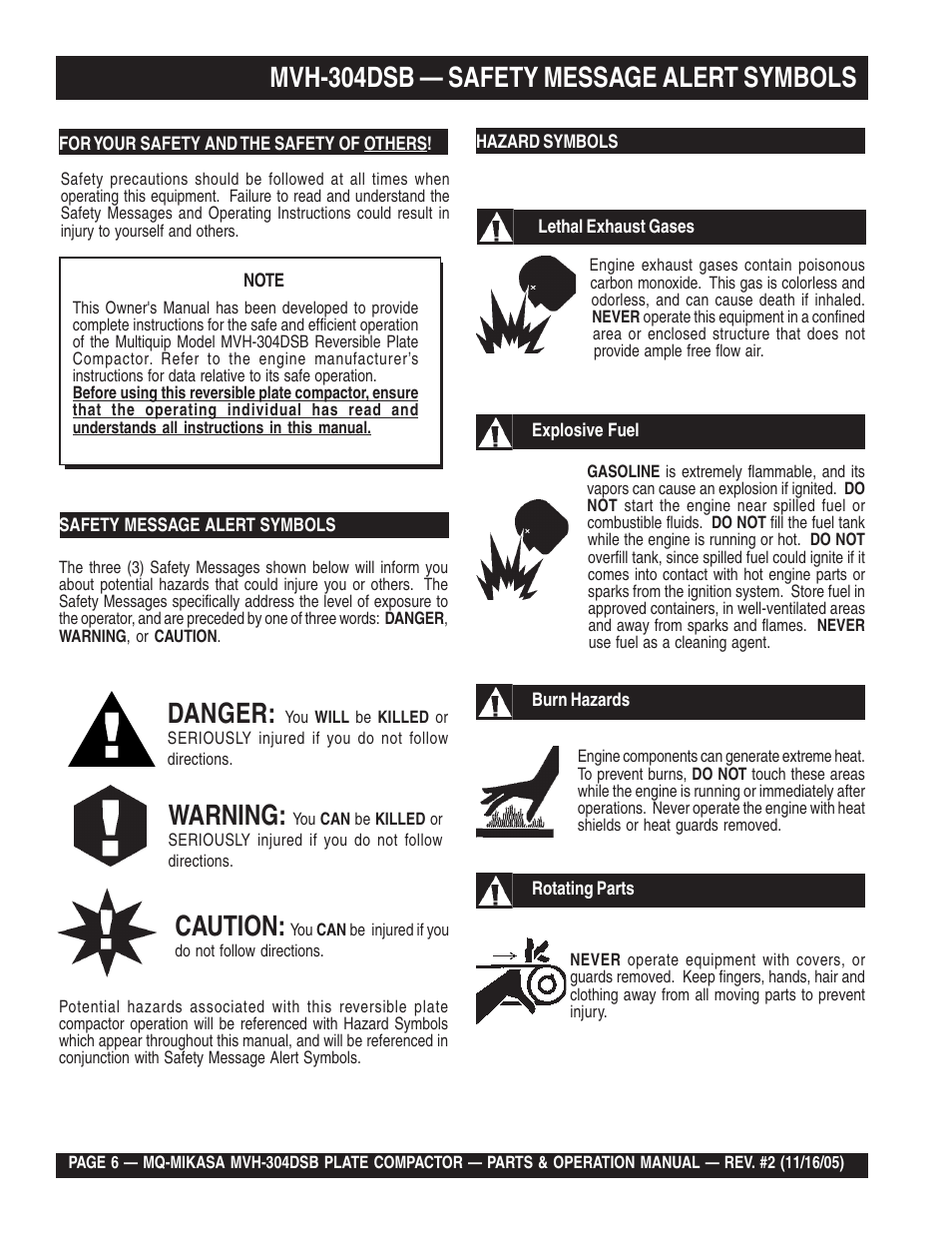 Mvh-304dsb — safety message alert symbols, Danger, Warning | Caution | Multiquip MVH304DSB User Manual | Page 6 / 70