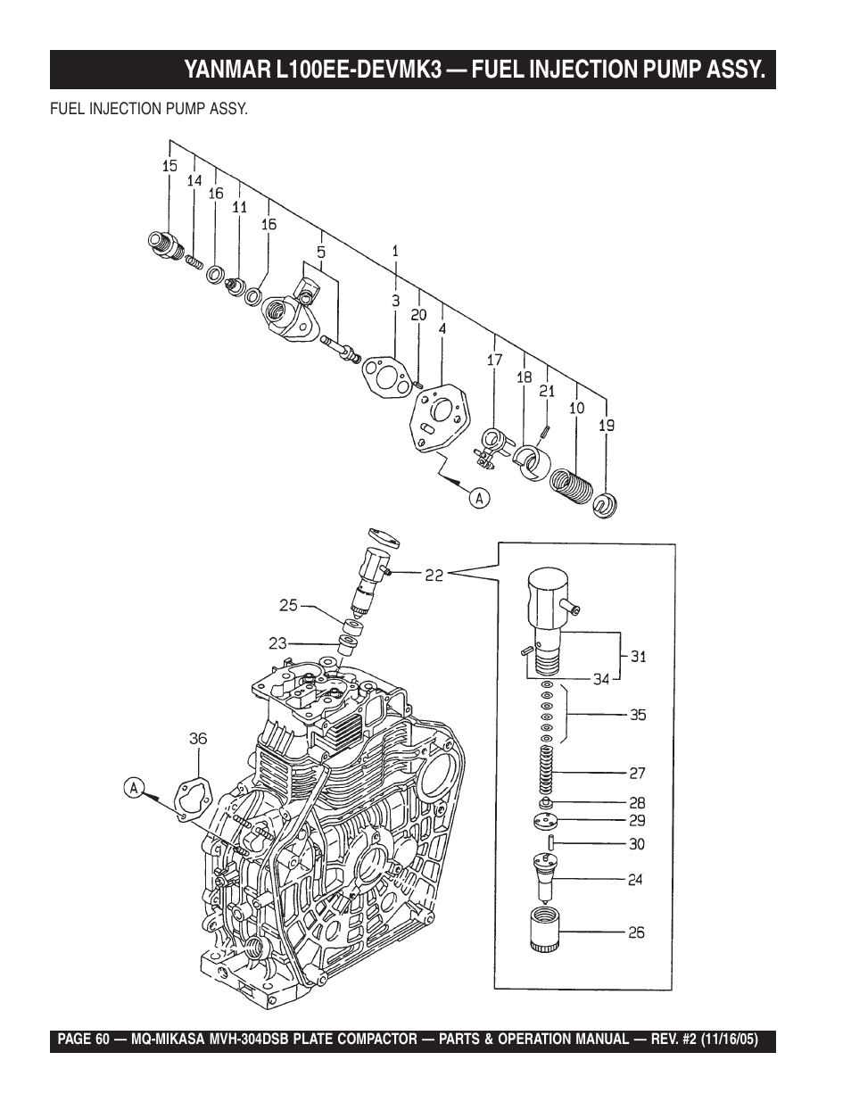 Yanmar l100ee-devmk3 — fuel injection pump assy | Multiquip MVH304DSB User Manual | Page 60 / 70