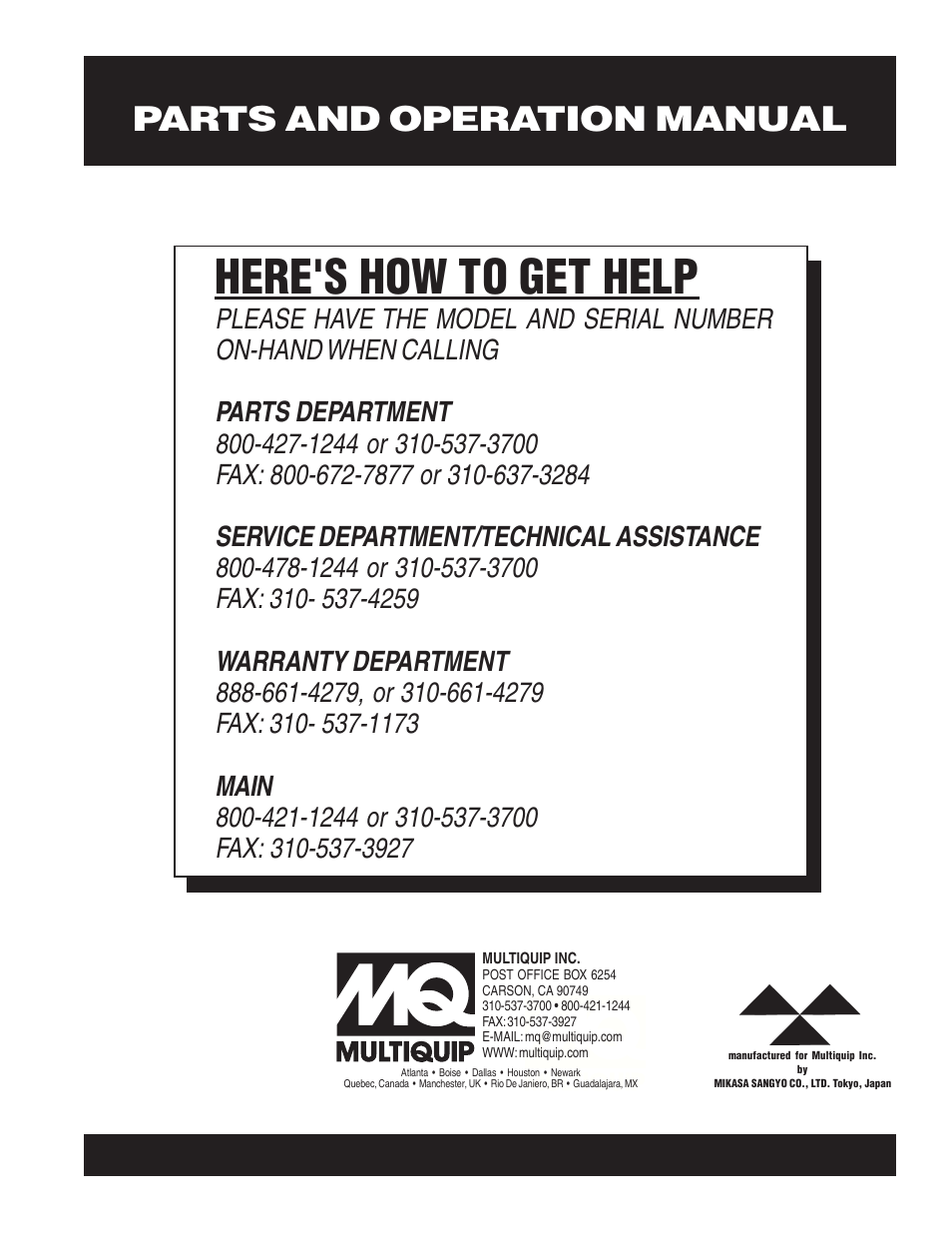 Here's how to get help, Parts and operation manual | Multiquip MVH304DSB User Manual | Page 70 / 70