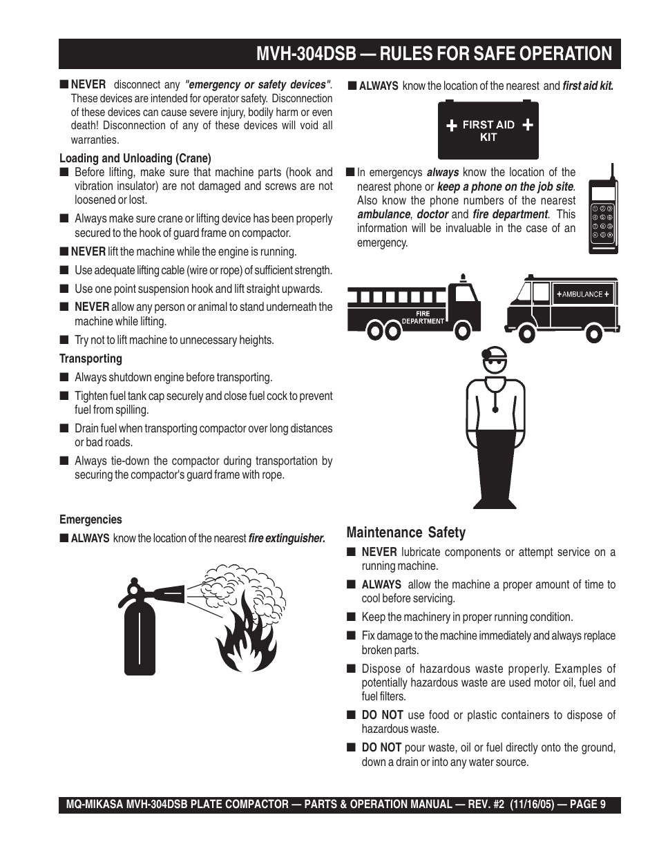 Mvh-304dsb — rules for safe operation, Maintenance safety | Multiquip MVH304DSB User Manual | Page 9 / 70