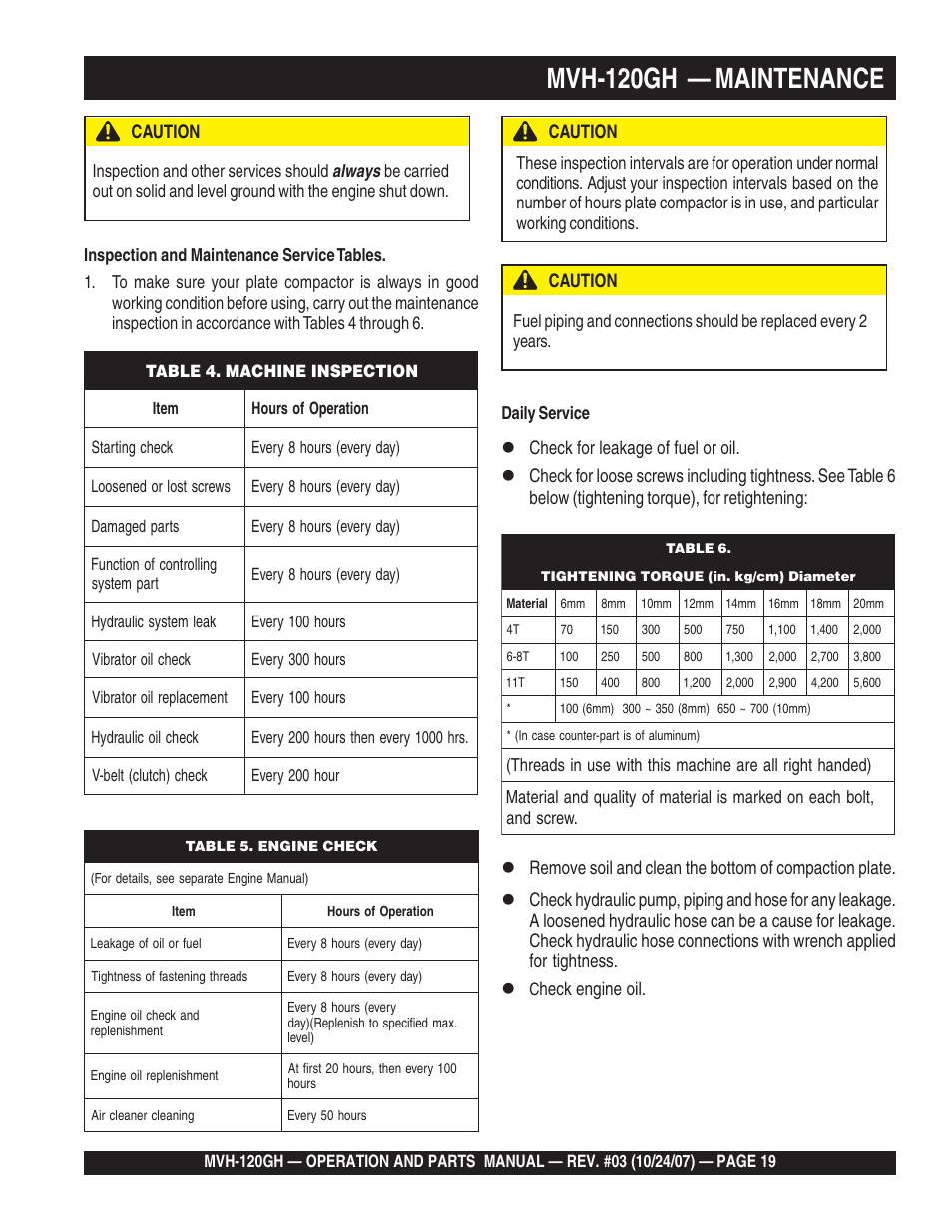 Mvh-120gh — maintenance | Multiquip MVH120GH User Manual | Page 19 / 80