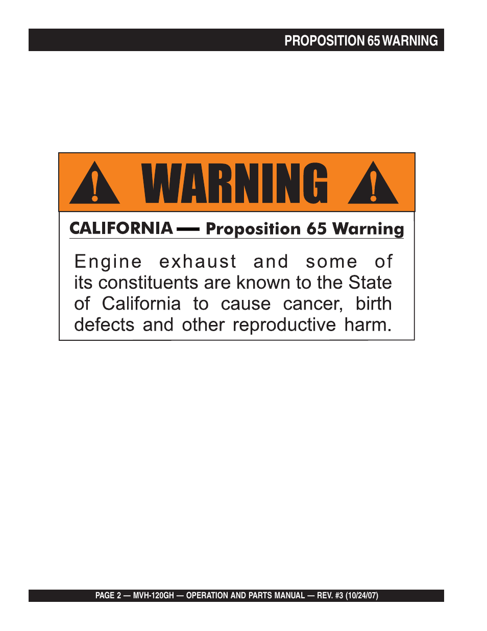 Lproposition 65 warning | Multiquip MVH120GH User Manual | Page 2 / 80