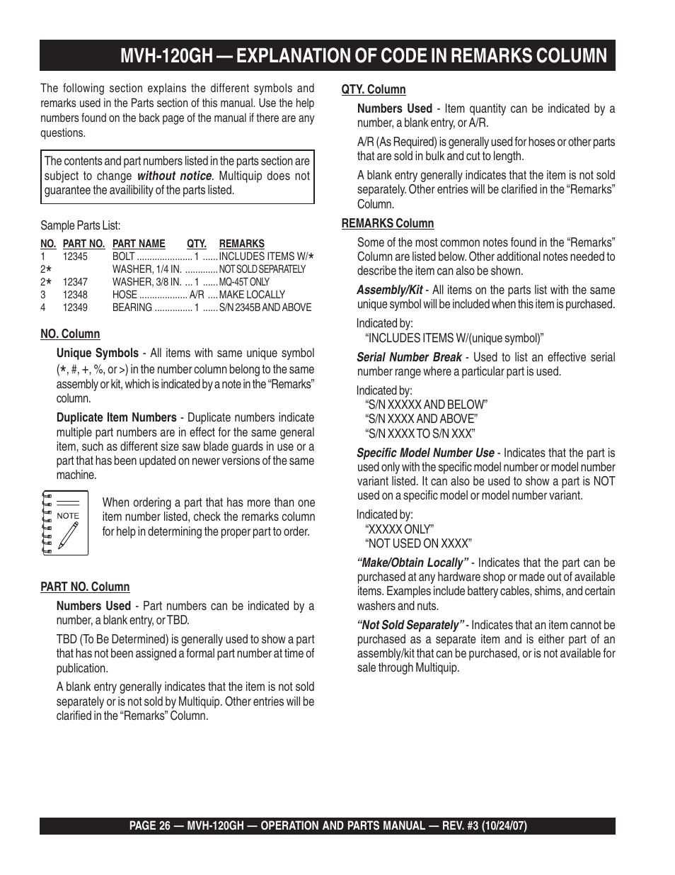 Lmvh-120gh — explanation of code in remarks column | Multiquip MVH120GH User Manual | Page 26 / 80
