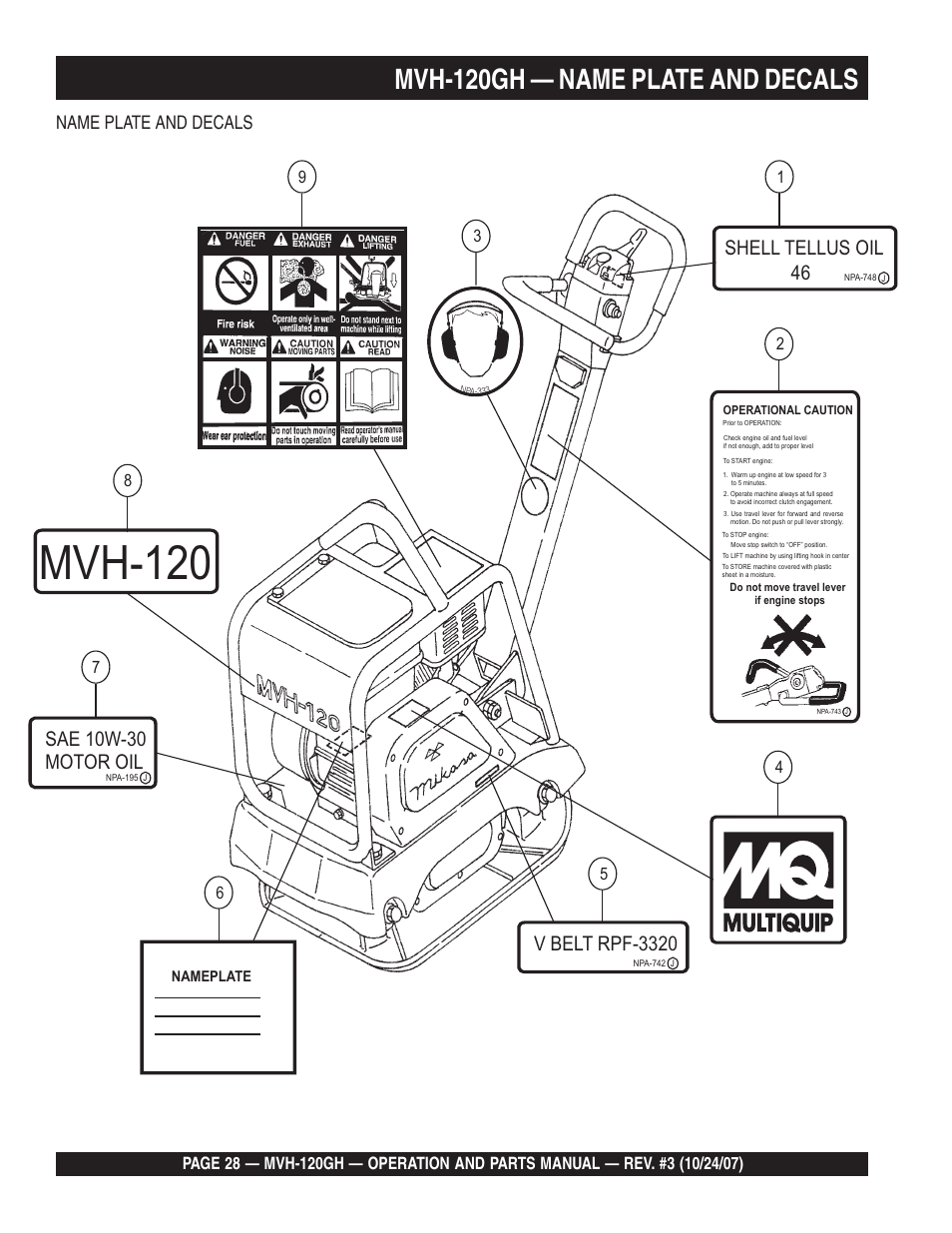 Mvh-120, Mvh-120gh — name plate and decals, V belt rpf-3320 | Shell tellus oil 46, Sae 10w-30 motor oil, Name plate and decals | Multiquip MVH120GH User Manual | Page 28 / 80