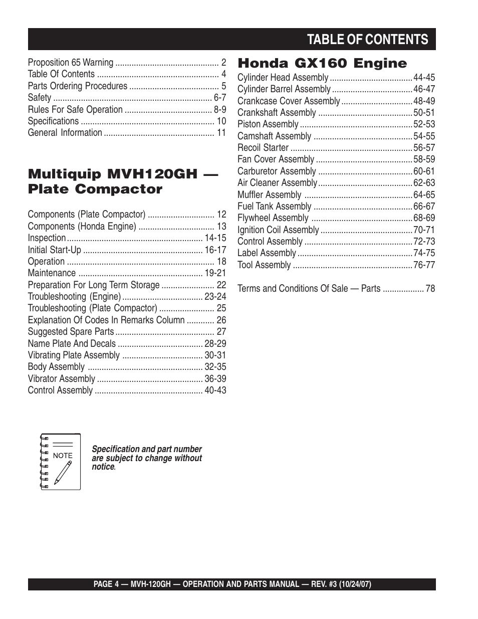 Ltable of contents, Multiquip mvh120gh — plate compactor, Honda gx160 engine | Multiquip MVH120GH User Manual | Page 4 / 80