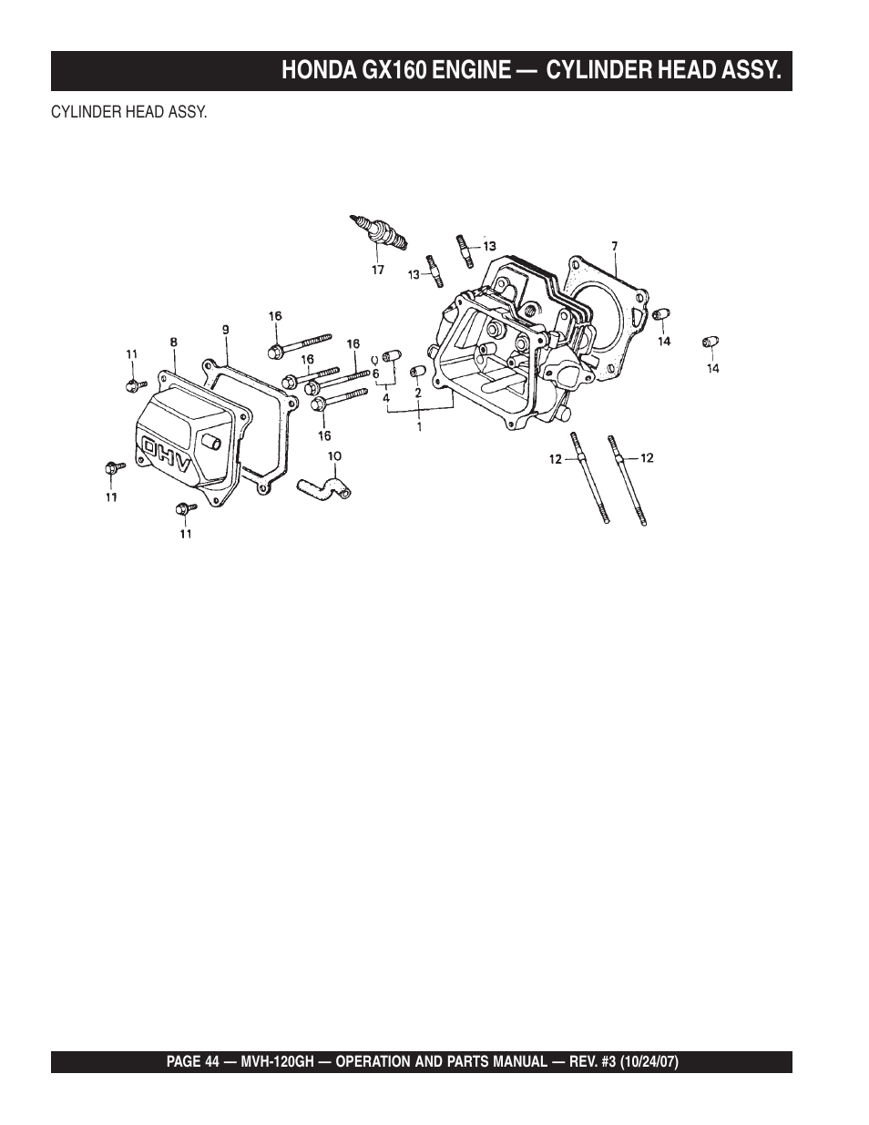 Honda gx160 engine — cylinder head assy | Multiquip MVH120GH User Manual | Page 44 / 80