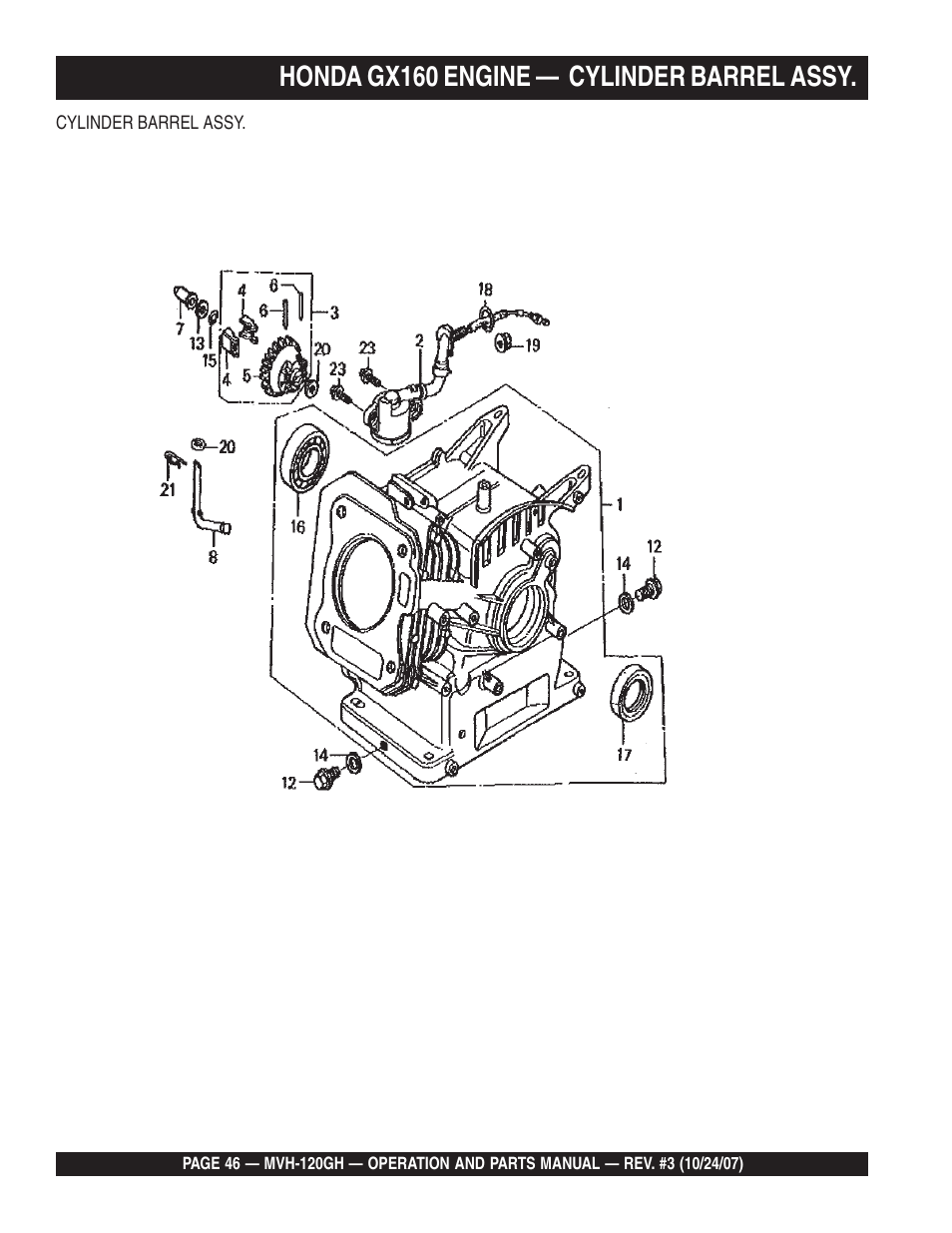 Honda gx160 engine — cylinder barrel assy | Multiquip MVH120GH User Manual | Page 46 / 80