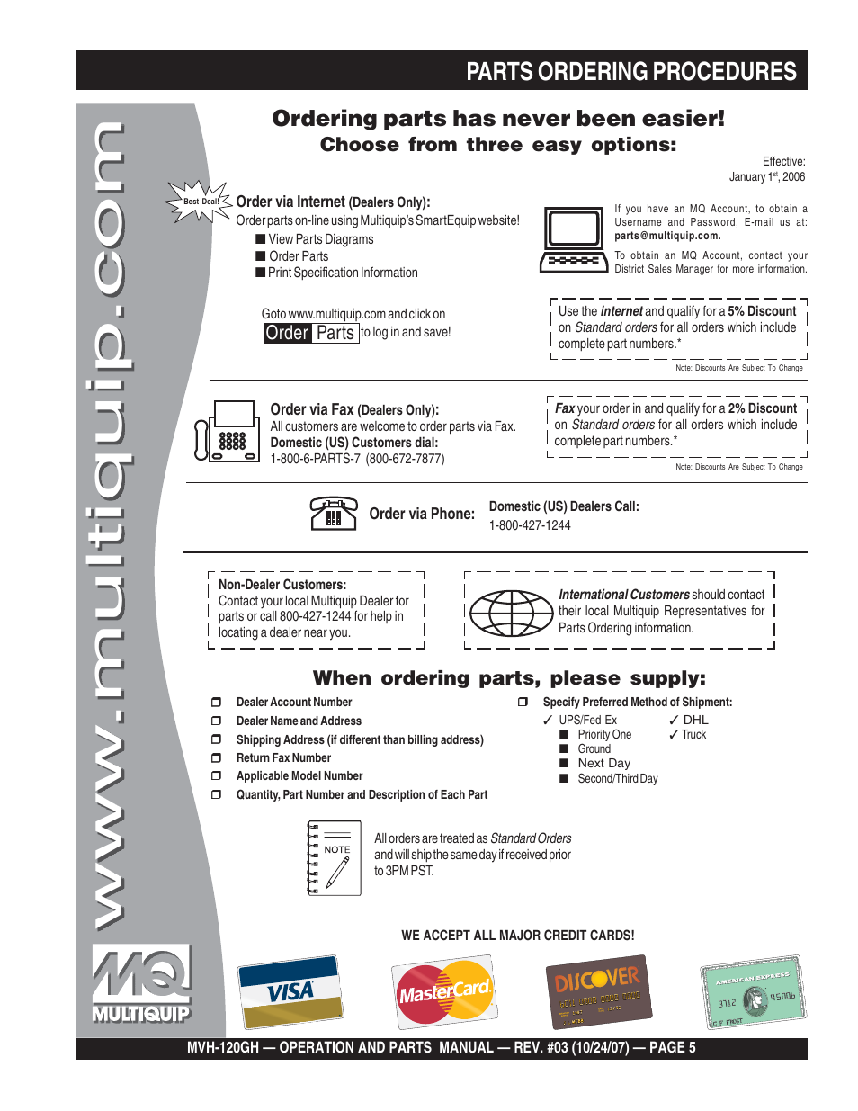 Parts ordering procedures, Ordering parts has never been easier, Choose from three easy options | When ordering parts, please supply, Order parts | Multiquip MVH120GH User Manual | Page 5 / 80