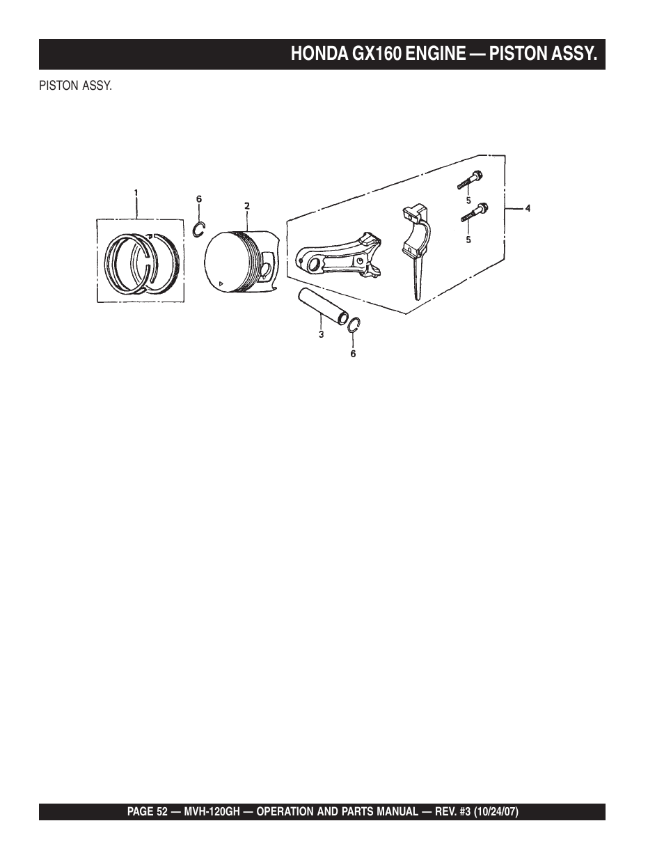 Honda gx160 engine — piston assy | Multiquip MVH120GH User Manual | Page 52 / 80