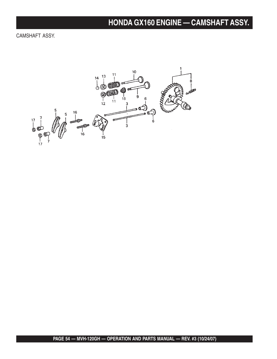 Honda gx160 engine — camshaft assy | Multiquip MVH120GH User Manual | Page 54 / 80