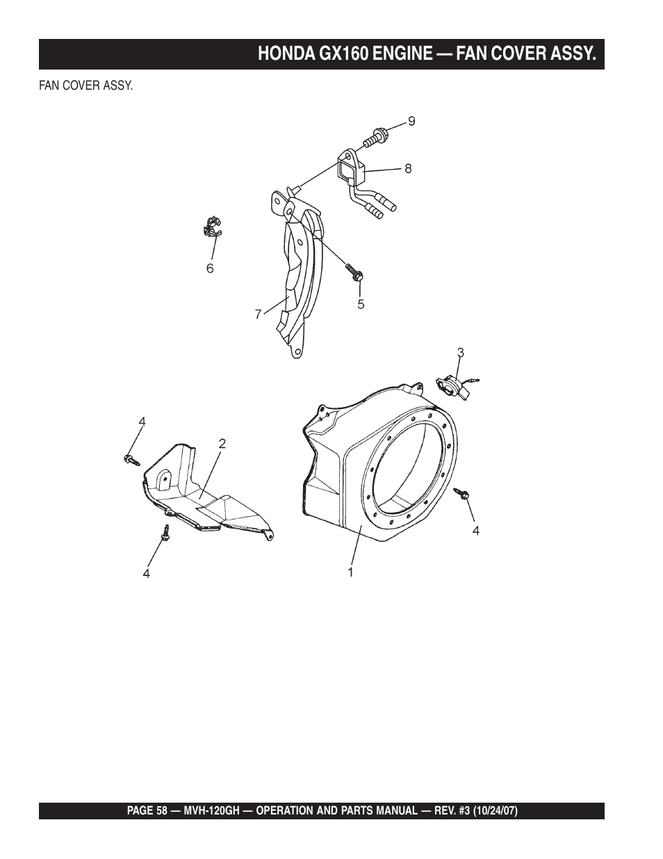 Honda gx160 engine — fan cover assy | Multiquip MVH120GH User Manual | Page 58 / 80