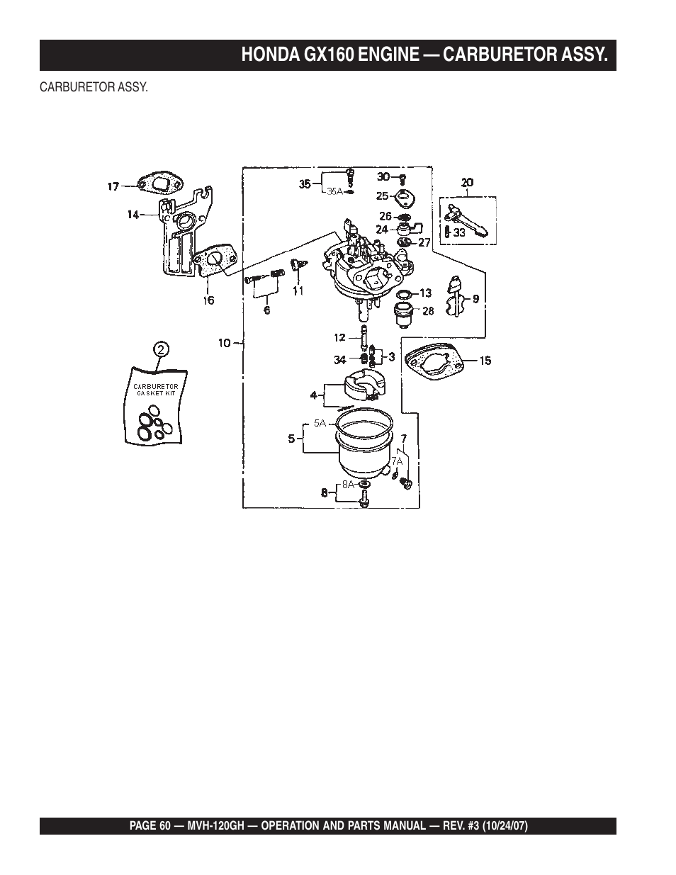 Honda gx160 engine — carburetor assy | Multiquip MVH120GH User Manual | Page 60 / 80