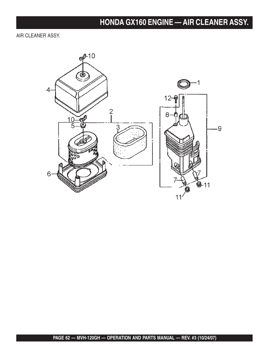 Honda gx160 engine — air cleaner assy | Multiquip MVH120GH User Manual | Page 62 / 80