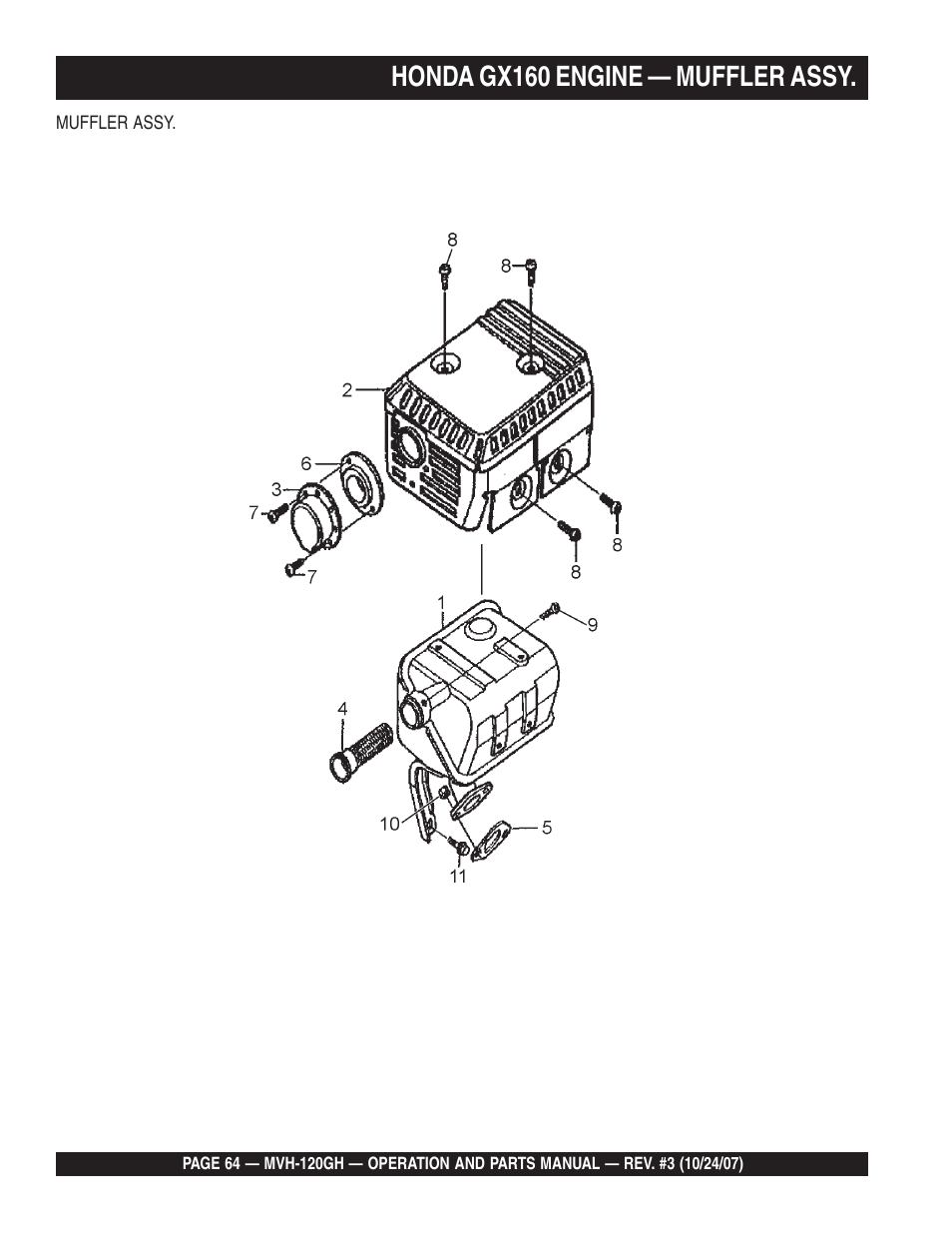 Honda gx160 engine — muffler assy | Multiquip MVH120GH User Manual | Page 64 / 80