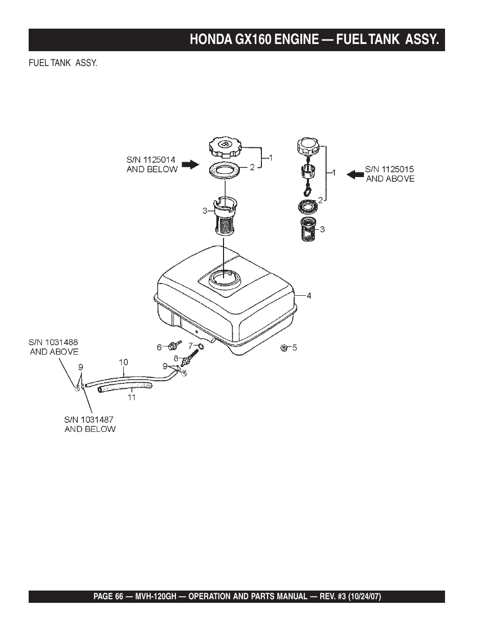 Honda gx160 engine — fuel tank assy | Multiquip MVH120GH User Manual | Page 66 / 80