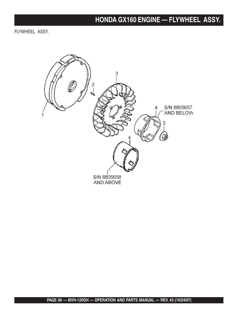 Honda gx160 engine — flywheel assy | Multiquip MVH120GH User Manual | Page 68 / 80