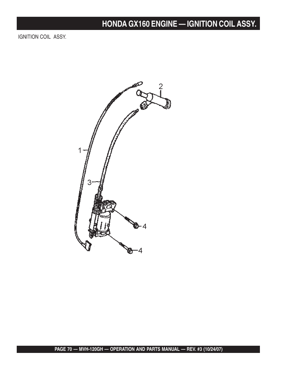 Honda gx160 engine — ignition coil assy | Multiquip MVH120GH User Manual | Page 70 / 80