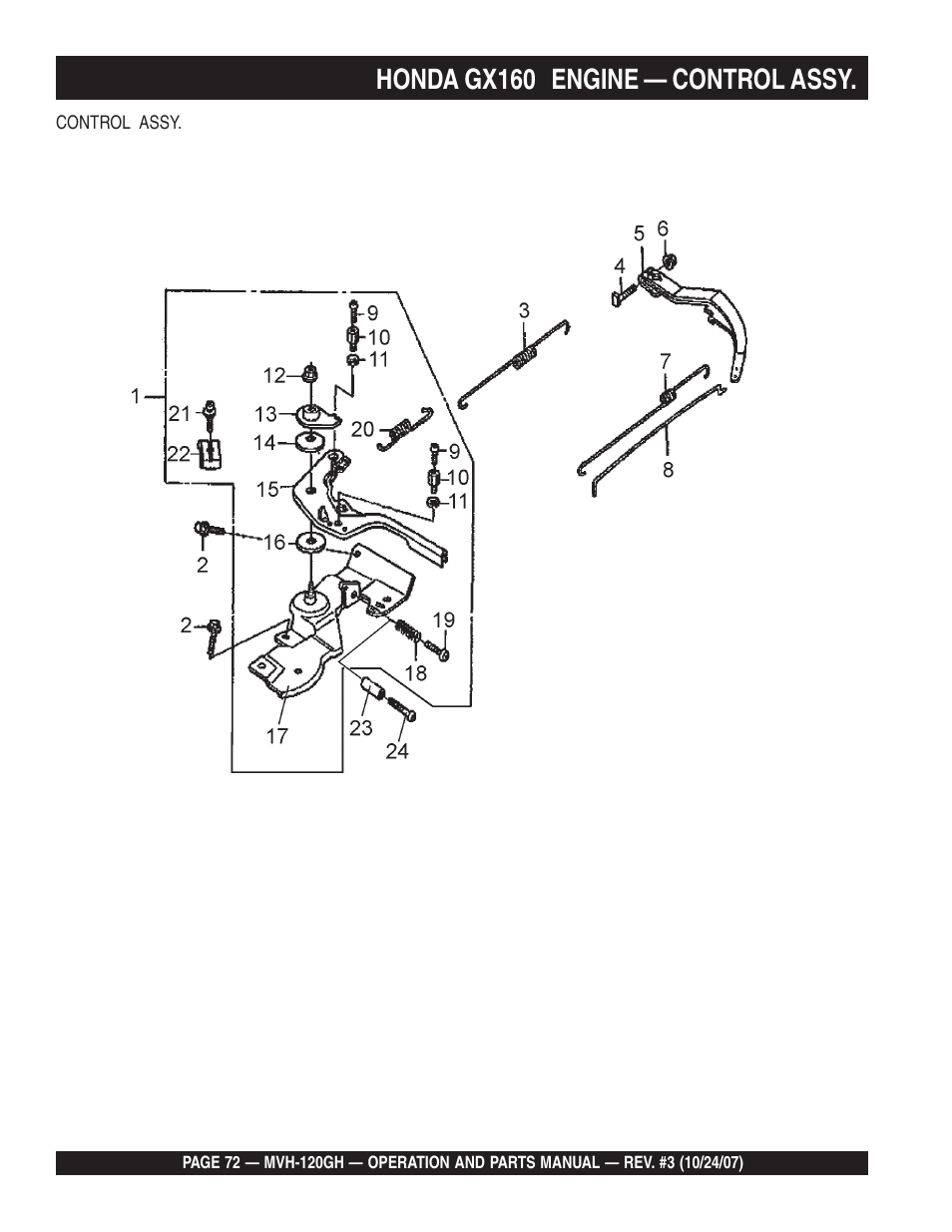 Honda gx160 engine — control assy | Multiquip MVH120GH User Manual | Page 72 / 80