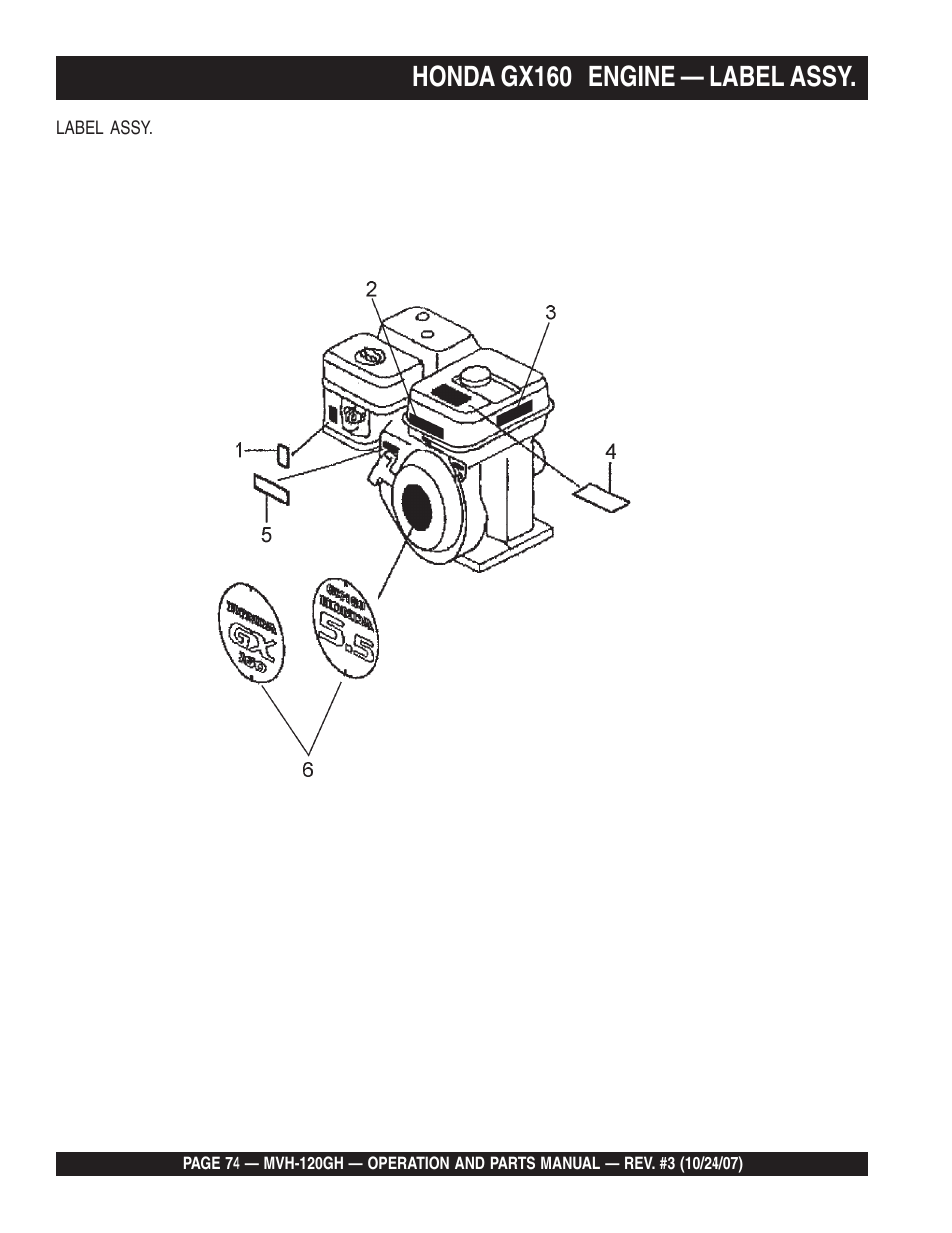 Honda gx160 engine — label assy | Multiquip MVH120GH User Manual | Page 74 / 80