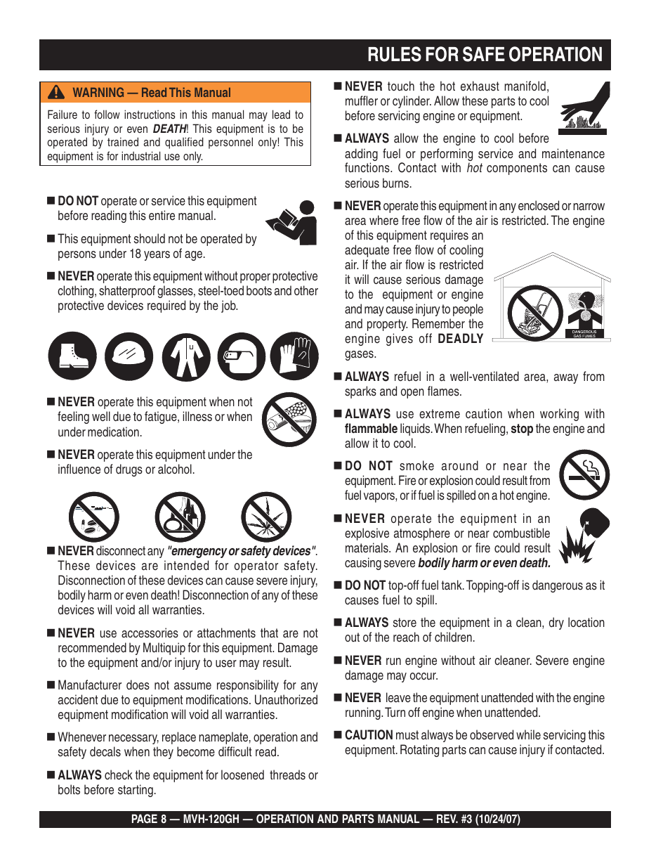 Lrules for safe operation | Multiquip MVH120GH User Manual | Page 8 / 80