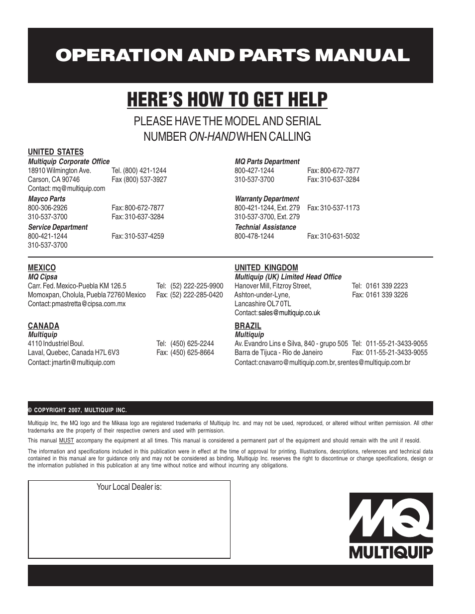 Here’s how to get help, Operation and parts manual, On-hand | Please have the model and serial number, When calling | Multiquip MVH120GH User Manual | Page 80 / 80