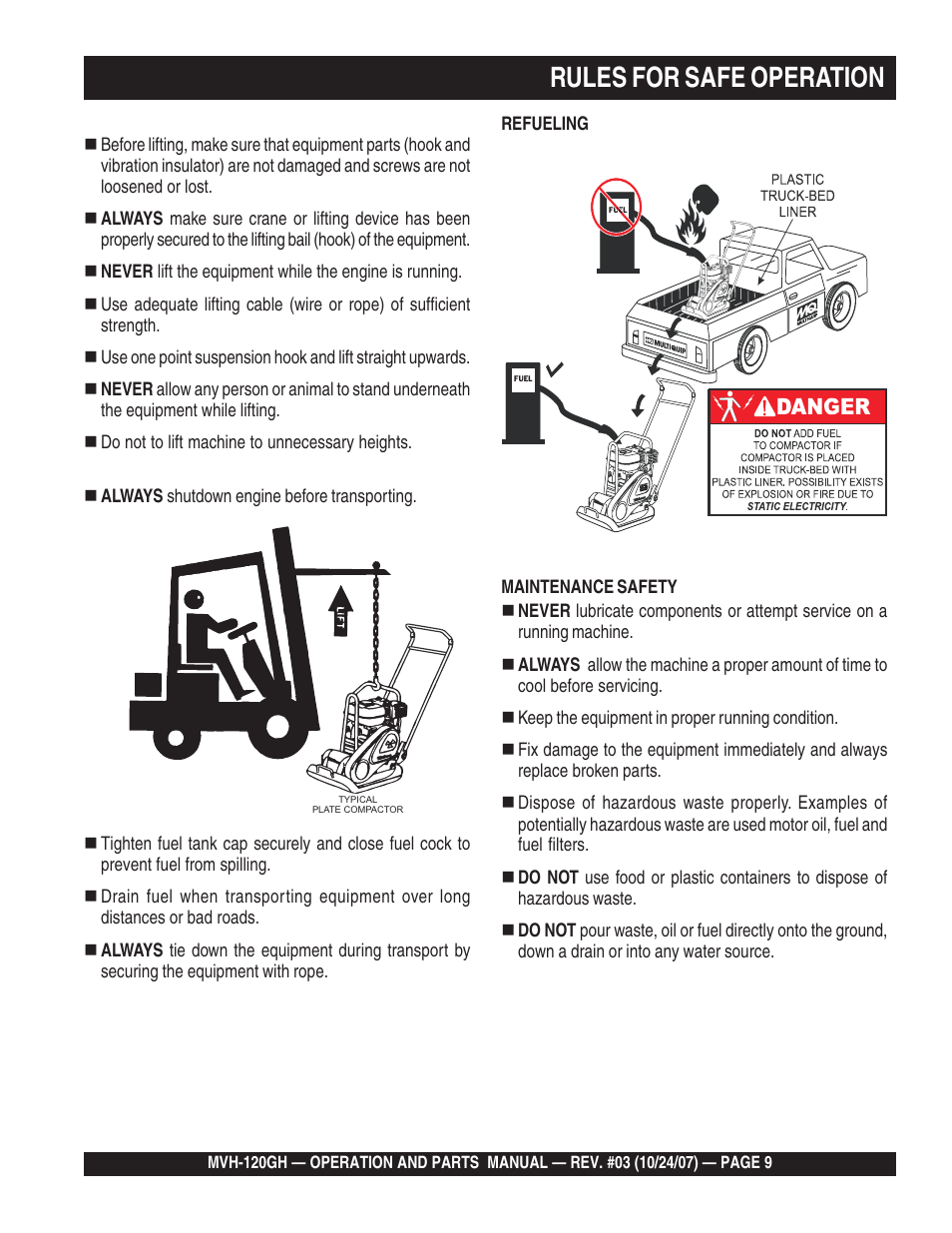 Rules for safe operation | Multiquip MVH120GH User Manual | Page 9 / 80