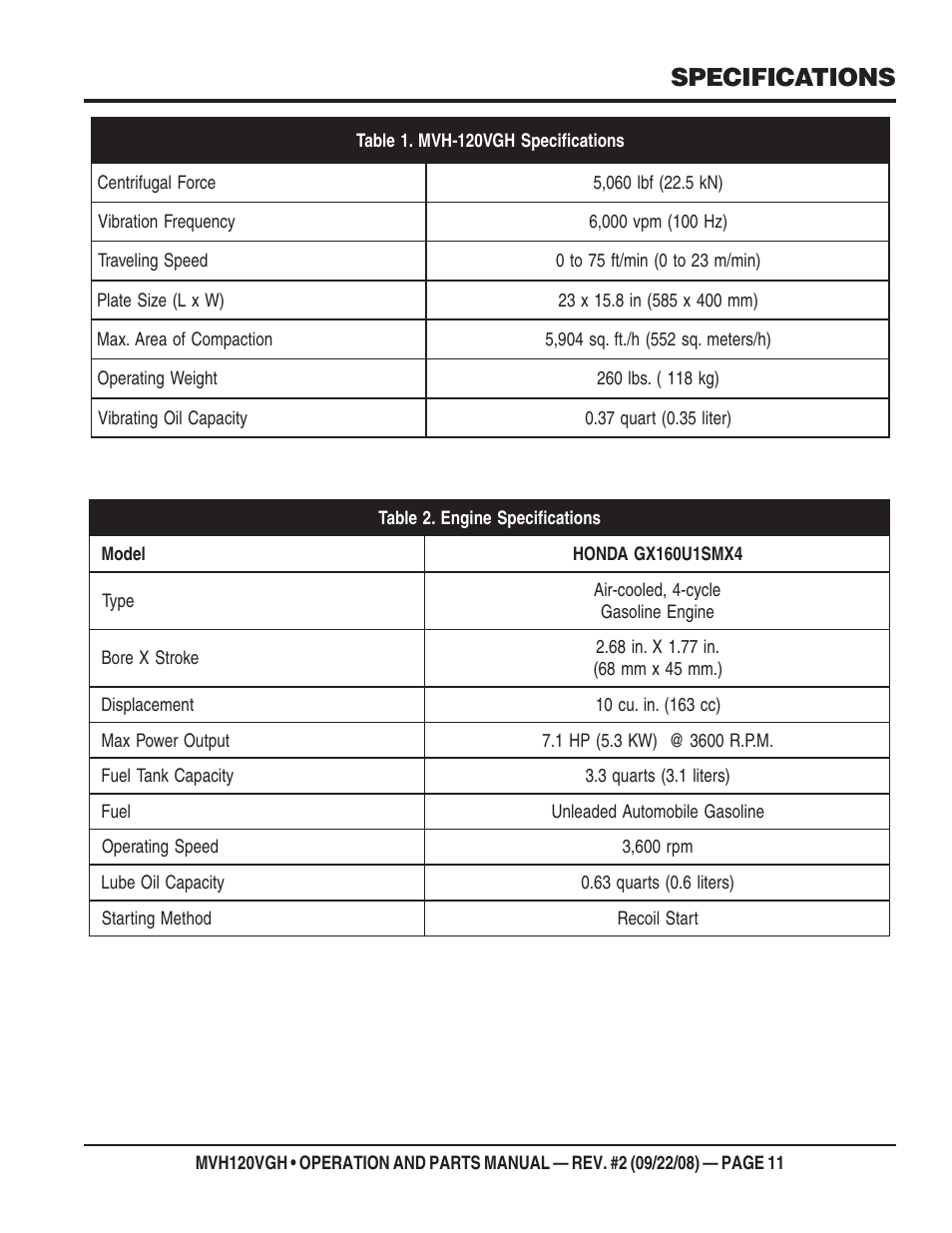 Specifications | Multiquip MVH120VGH User Manual | Page 11 / 78