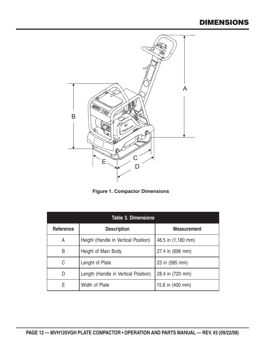 Dimensions | Multiquip MVH120VGH User Manual | Page 12 / 78
