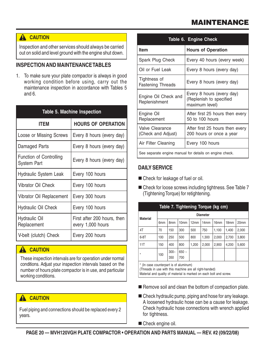 Maintenance, Inspection and maintenance tables, Daily service | Multiquip MVH120VGH User Manual | Page 20 / 78