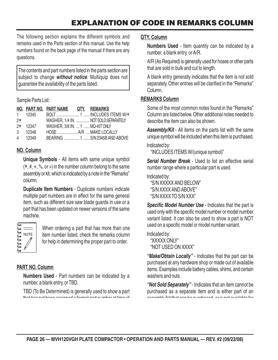 Explanation of code in remarks column | Multiquip MVH120VGH User Manual | Page 26 / 78