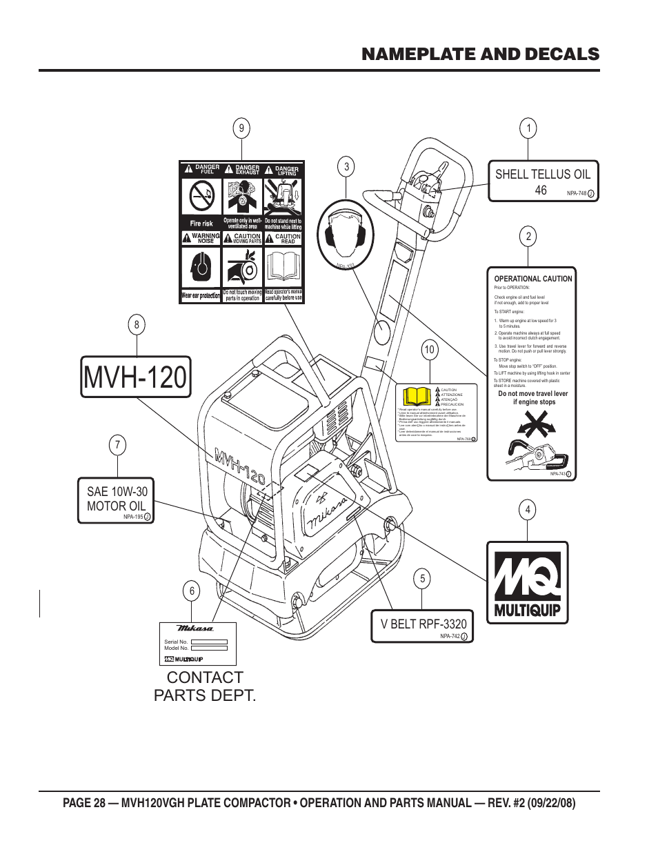 Mvh-120, Nameplate and decals, Contact parts dept | V belt rpf-3320, Shell tellus oil 46, Sae 10w-30 motor oil | Multiquip MVH120VGH User Manual | Page 28 / 78
