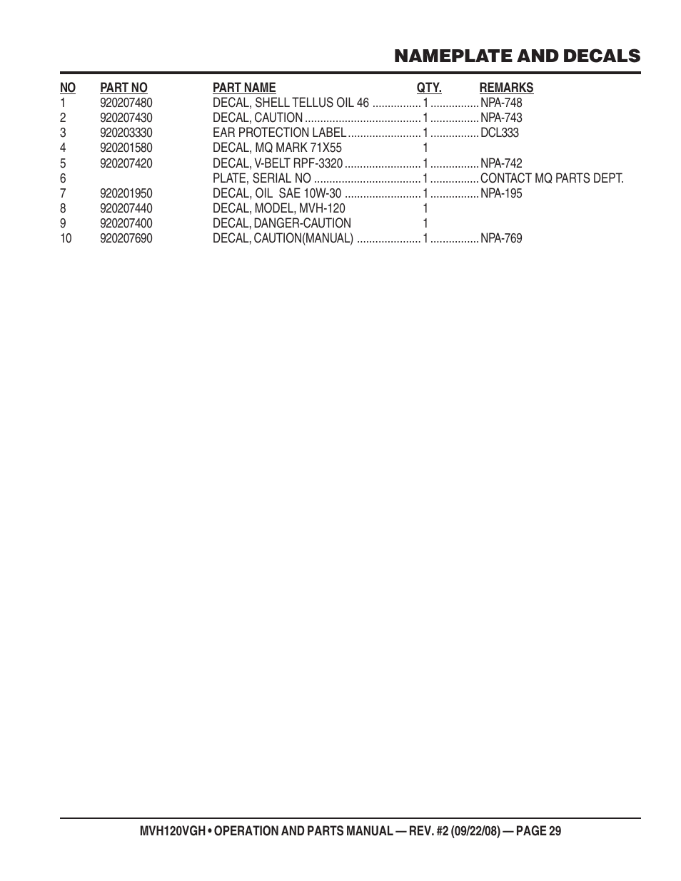 Nameplate and decals | Multiquip MVH120VGH User Manual | Page 29 / 78