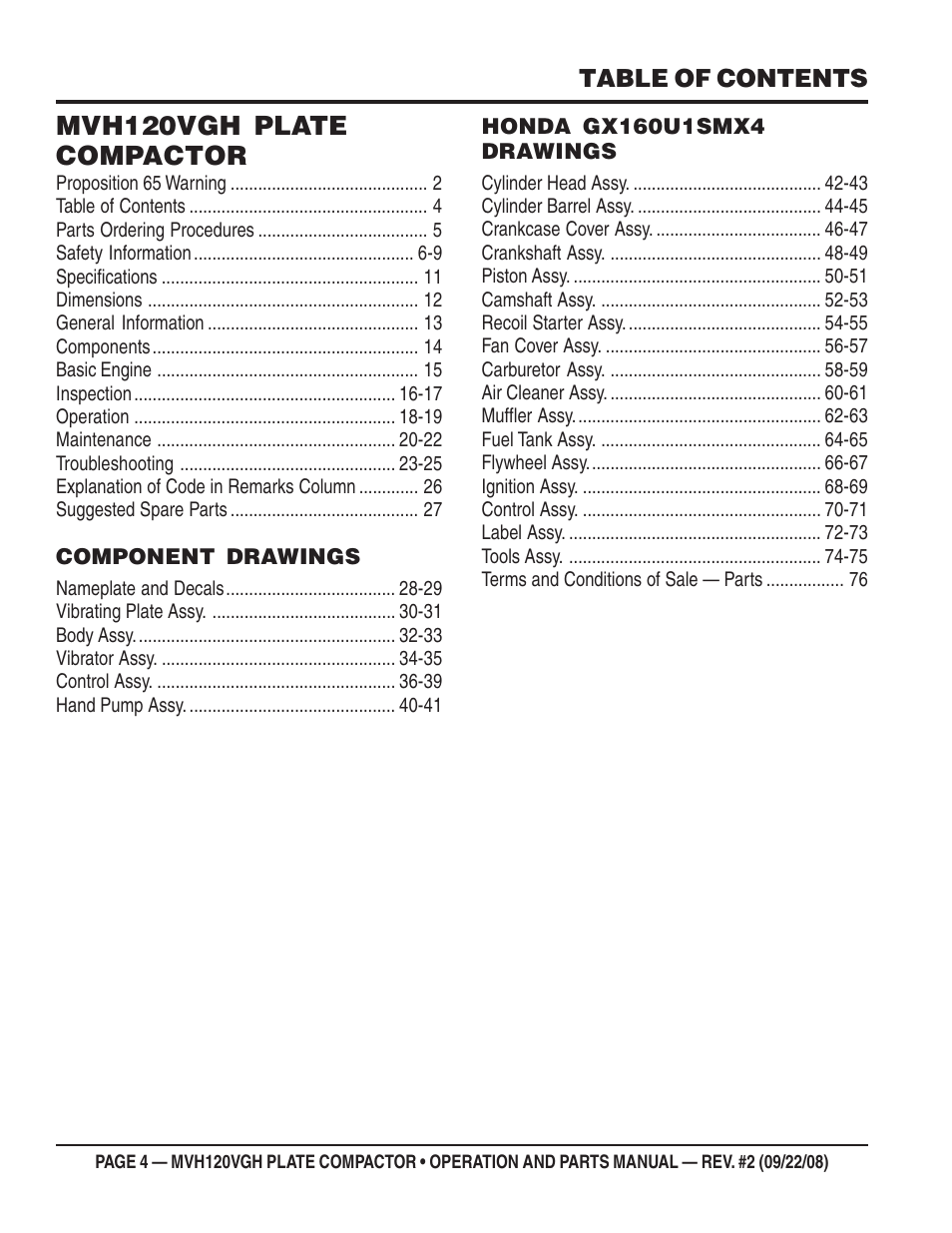 Mvh120vgh plate compactor | Multiquip MVH120VGH User Manual | Page 4 / 78