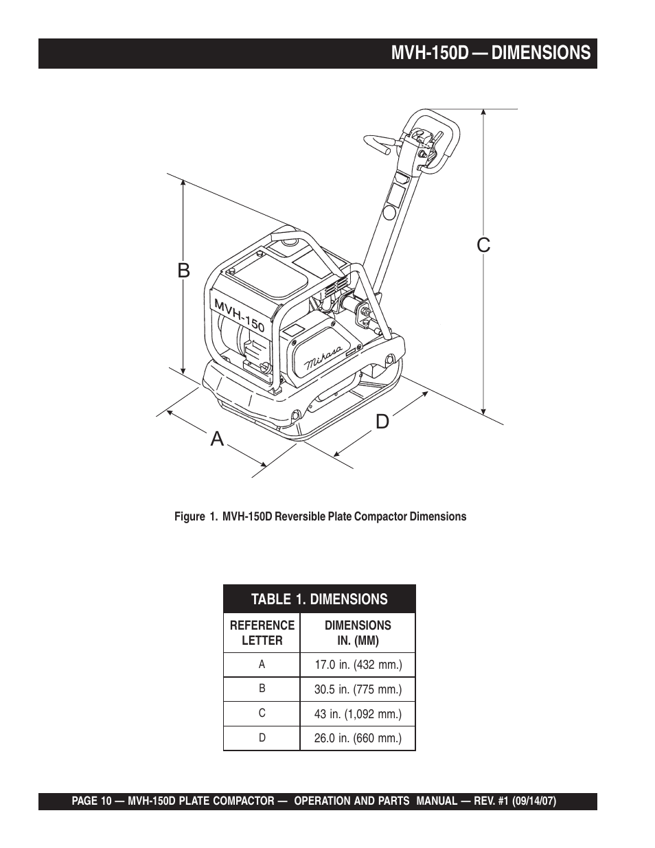 Bc d a, Mvh-150d — dimensions | Multiquip MVH150D User Manual | Page 10 / 64
