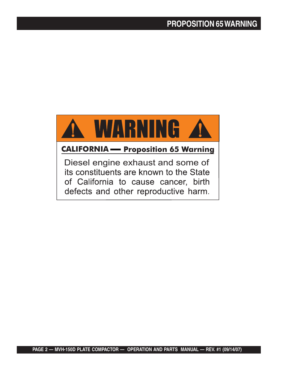 Proposition 65 warning | Multiquip MVH150D User Manual | Page 2 / 64
